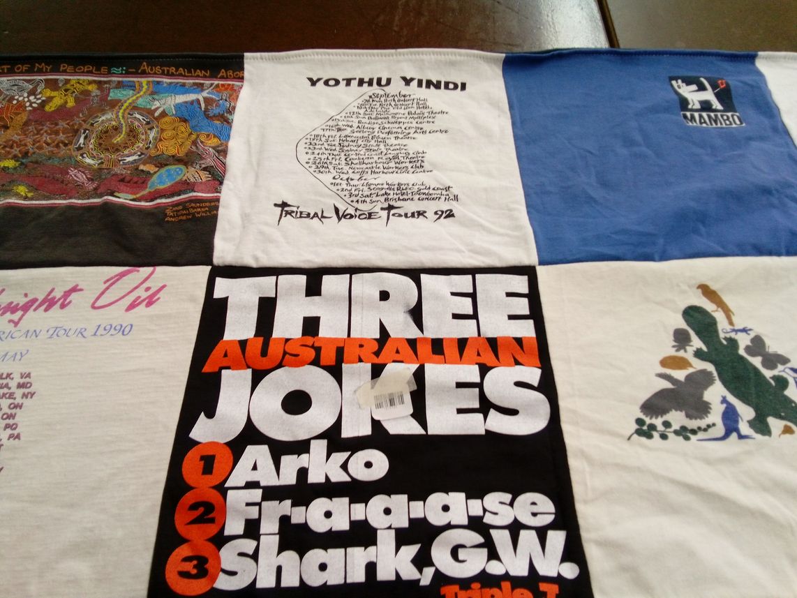 T-shirt quilt with aboriginal art themes by Ellen from DE