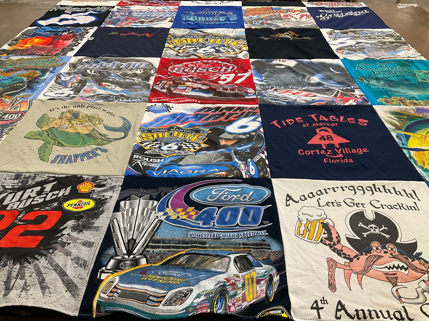 T-shirt quilt with nascar, racing themes by Linda from FL