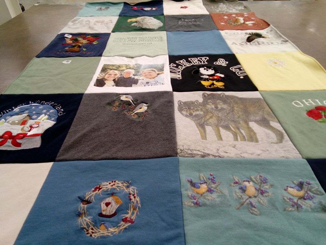 T-shirt quilt with birds, nature themes by Rebecca from OH