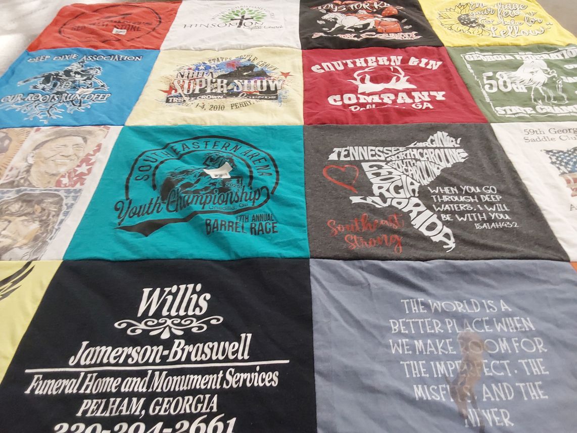 T-shirt quilt with barrel racing, deep diving themes by Cheryl from GA
