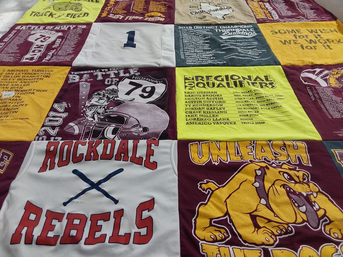 T-shirt quilt featuring rockdale rebels, thorndale bulldogs by Jayson from TX