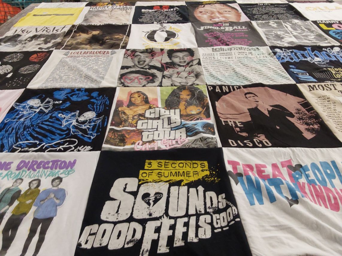T-shirt quilt with music, concerts themes by Dorota from IL
