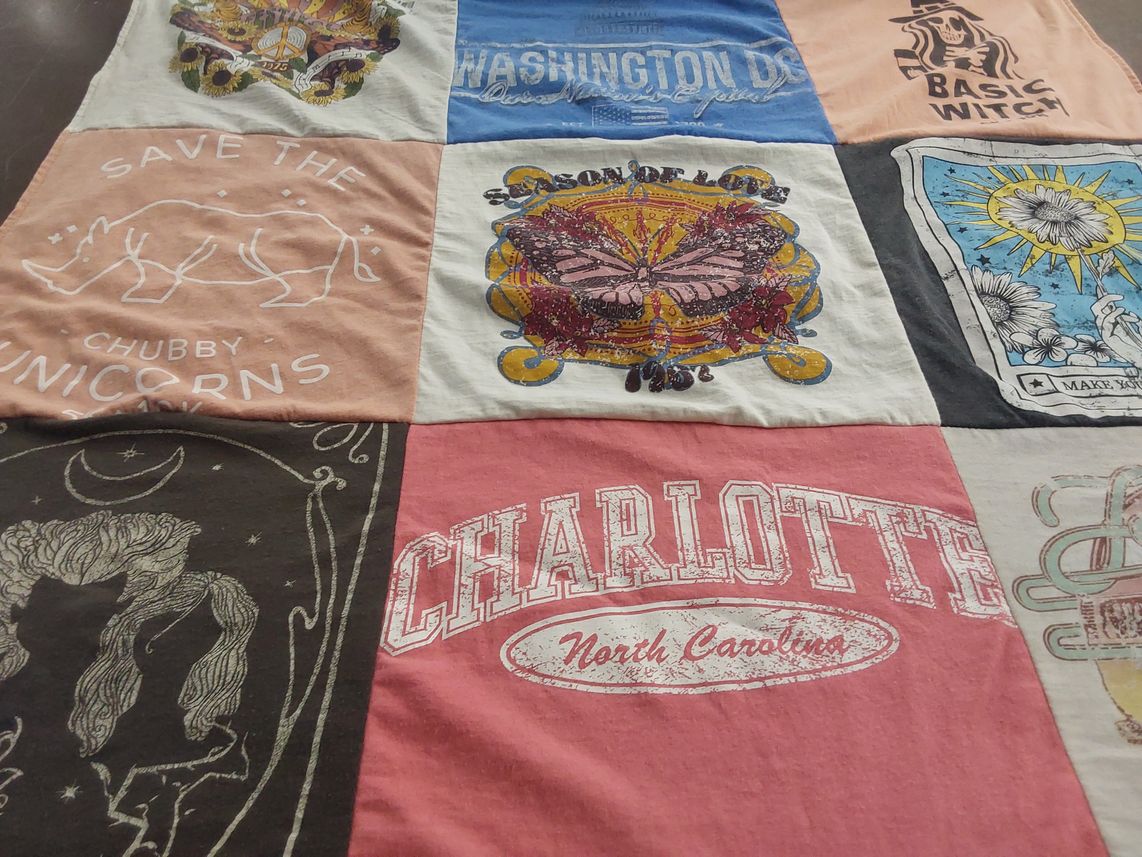 T-shirt quilt with unicorns, witchcraft themes by Jennifer from WA