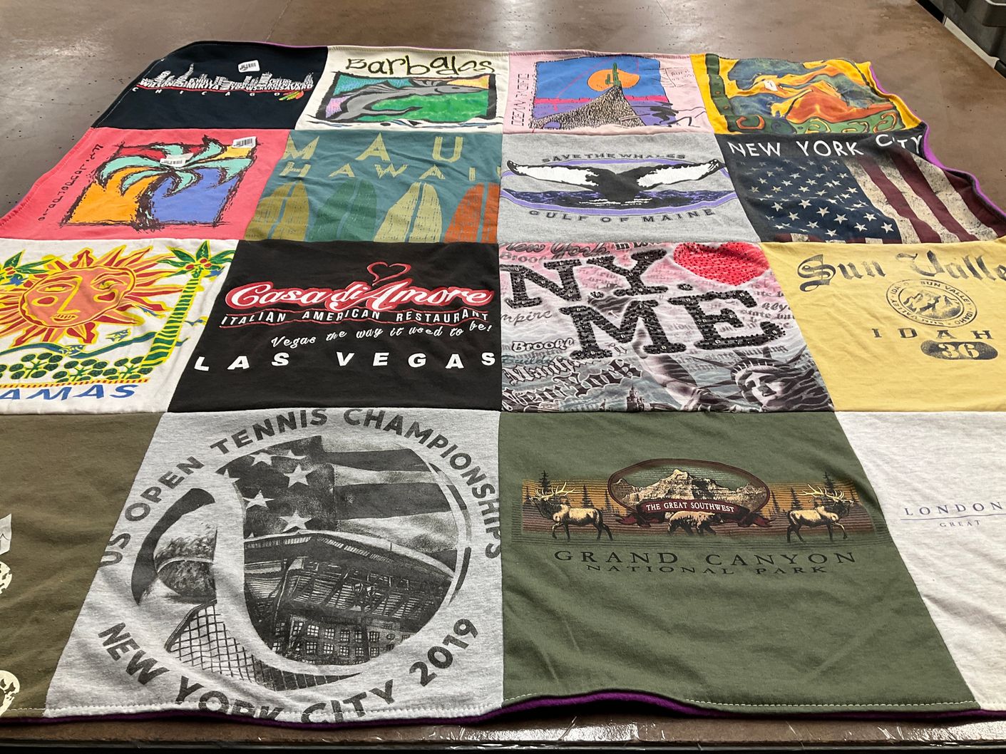 T-shirt quilt with travel, vacation themes by Marcy from AZ