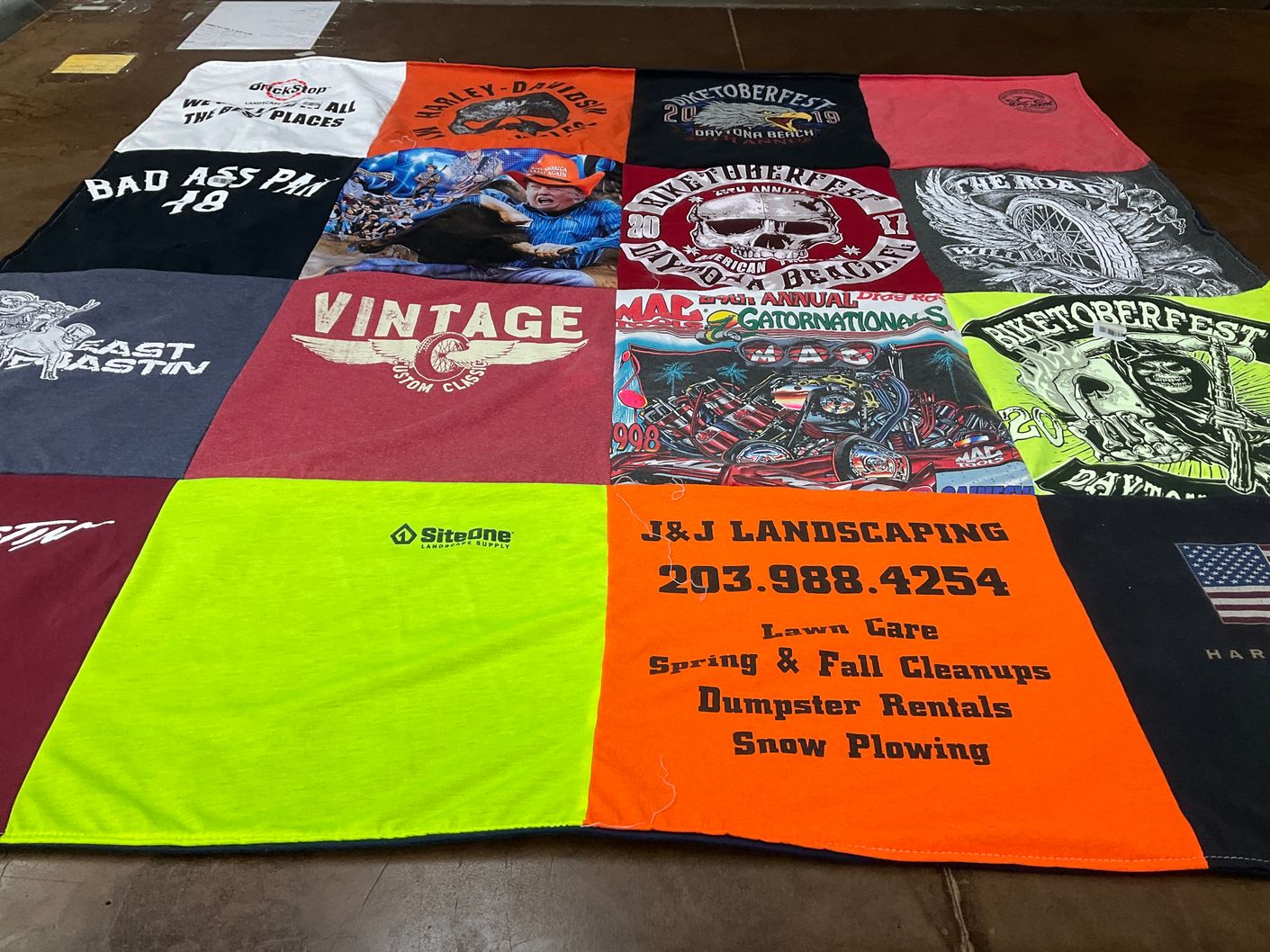 T-shirt quilt with motorcycles, biking themes by Denise from FL