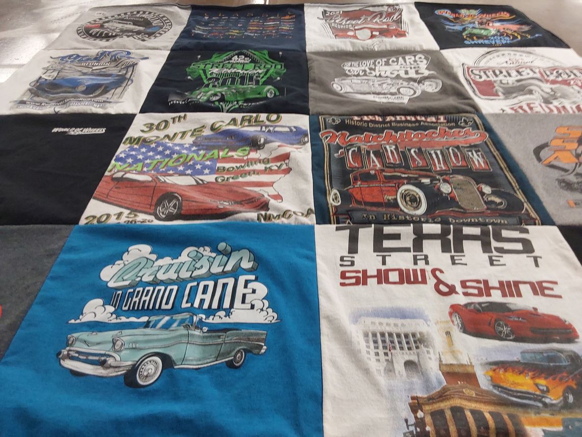 T-shirt quilt with car shows, classic cars themes by Santos from LA
