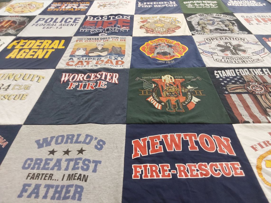 T-shirt quilt with firefighting, policing themes by Dawn from MA