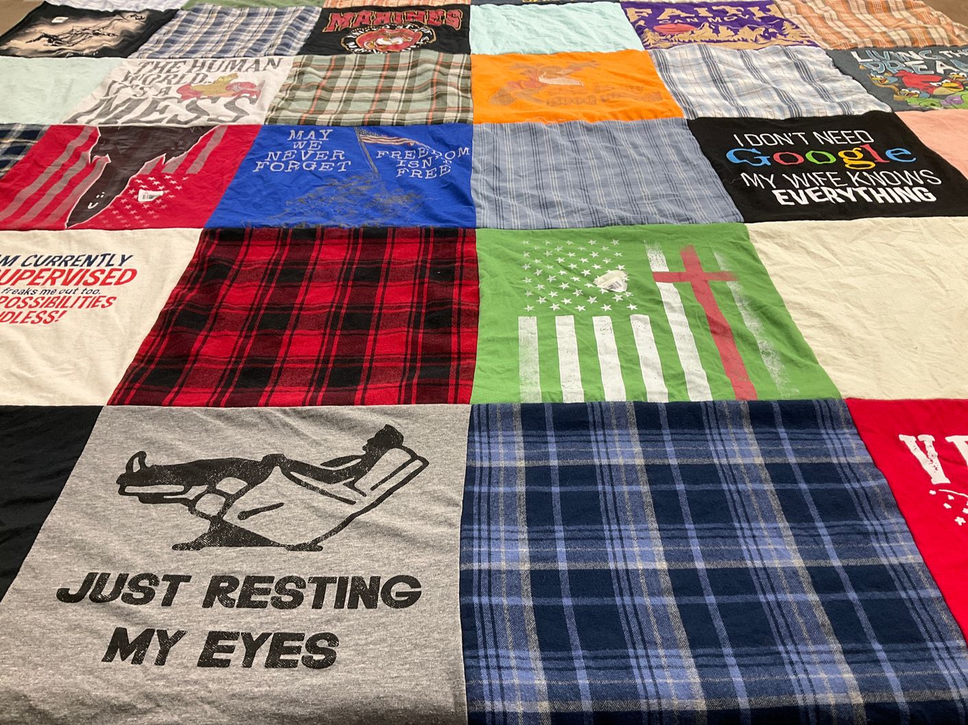 T-shirt quilt with humor, freedom themes by Michelle from TX
