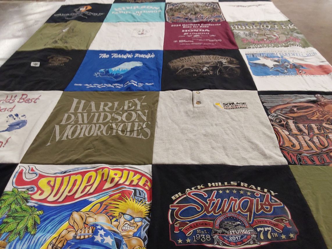 T-shirt quilt with motorcycles, biking themes by Judi from CA