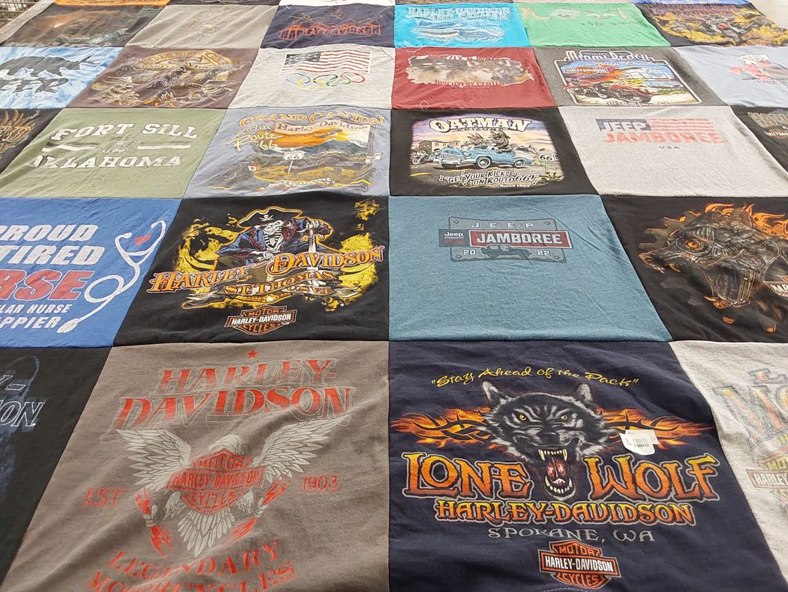 T-shirt quilt with motorcycles, nursing themes by Amy from CA