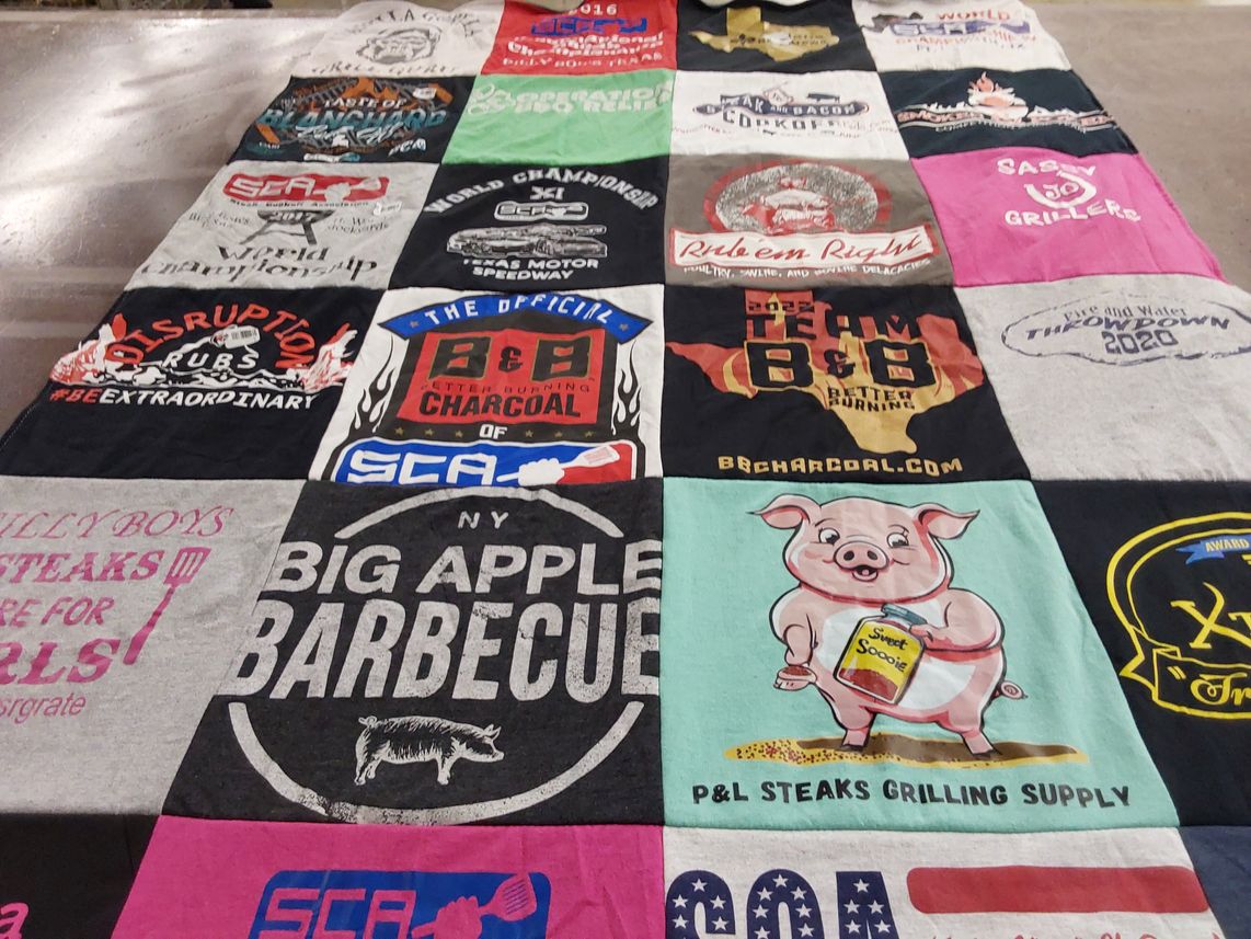T-shirt quilt with barbecue, grilling themes by Shawna from LA