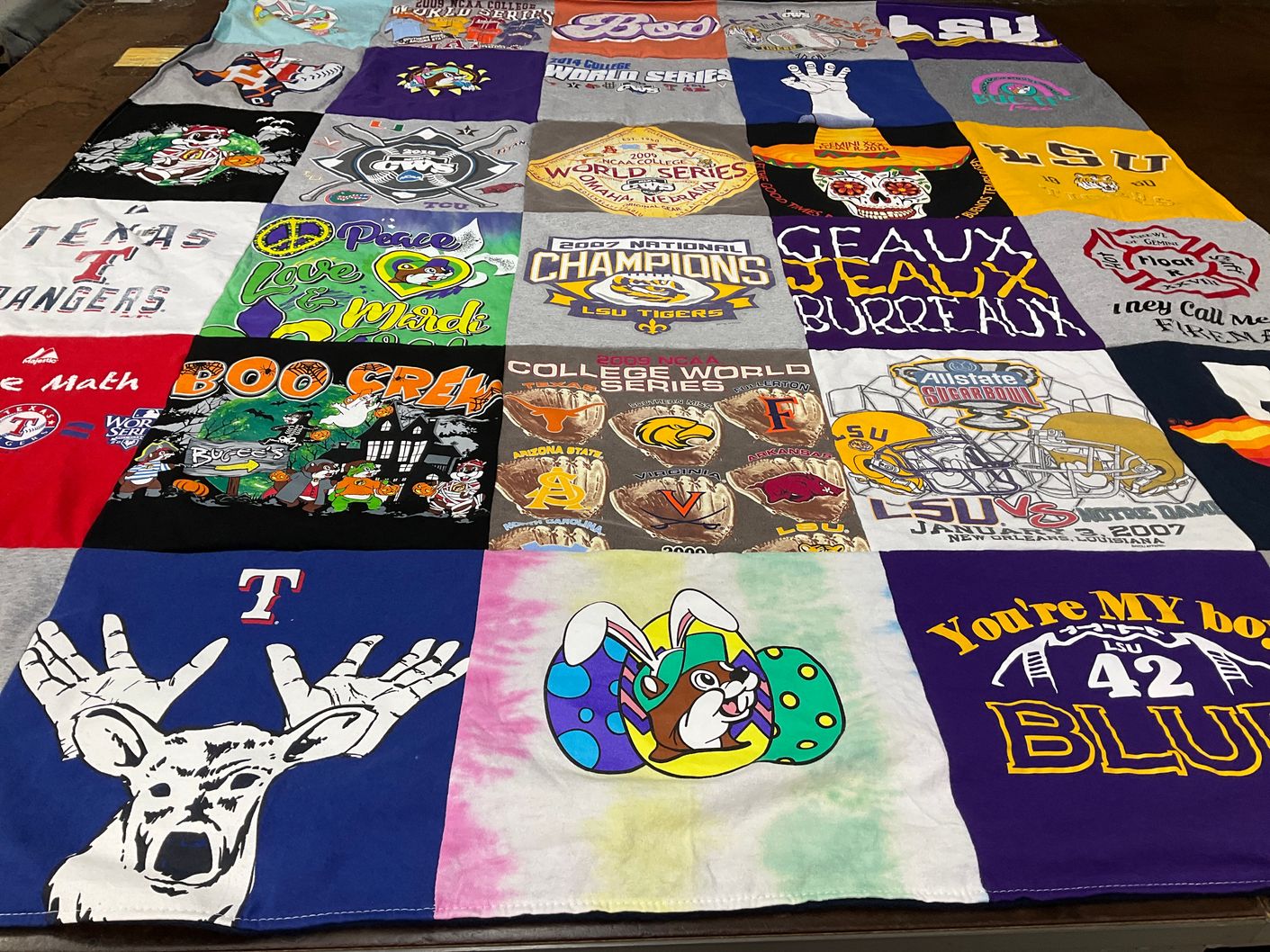 T-shirt quilt featuring louisiana state university tigers, texas rangers by Shawna from LA