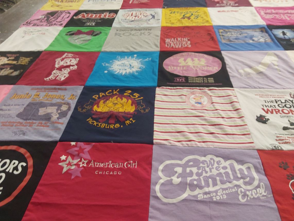 T-shirt quilt with theater, dance themes by Renee from MI