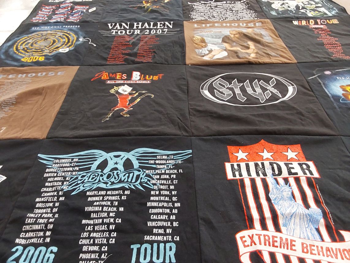 T-shirt quilt with music, concerts themes by Connie from ID