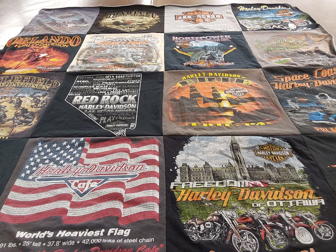 T-shirt quilt with motorcycles, harley davidson themes by Dana from PA