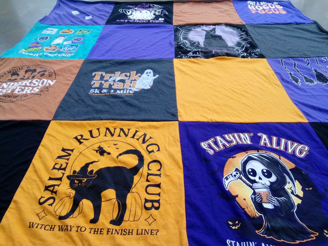 T-shirt quilt with running, halloween themes by Jacqueline from NC