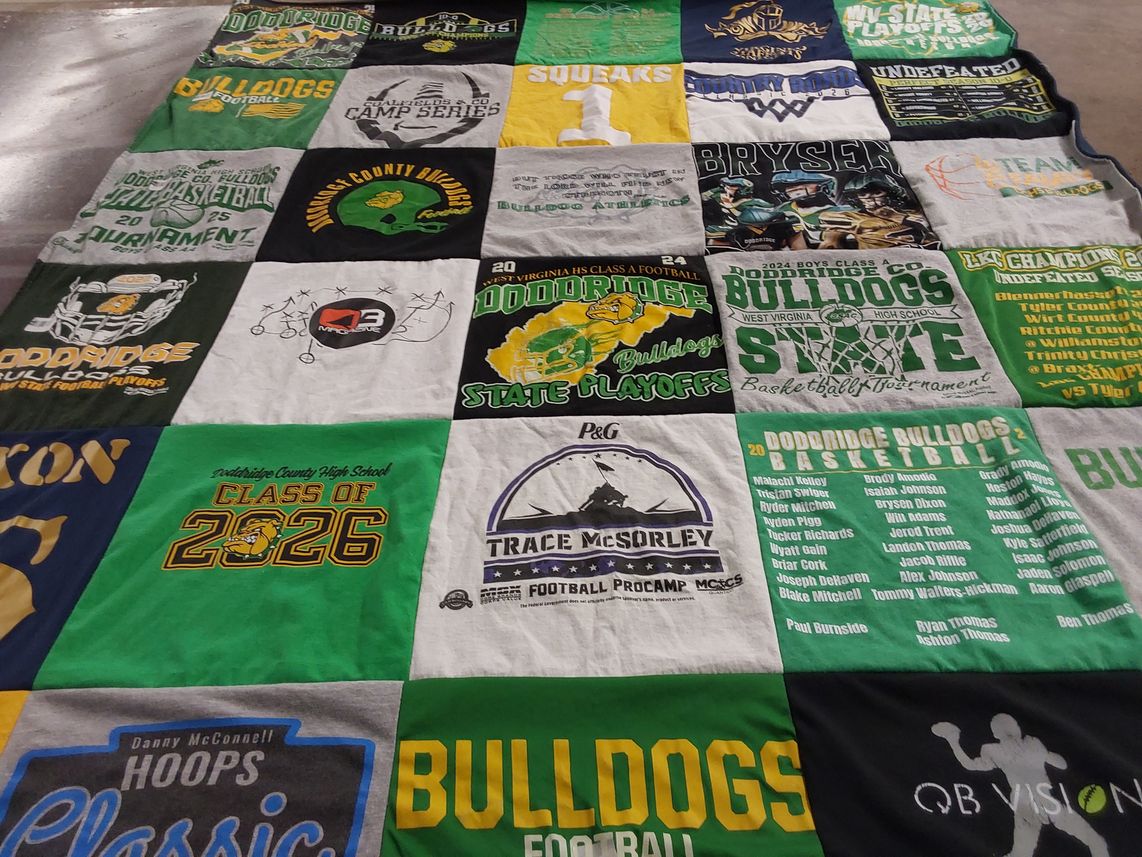 T-shirt quilt featuring doddridge county bulldogs football, doddridge county bulldogs basketball by Beth from WV