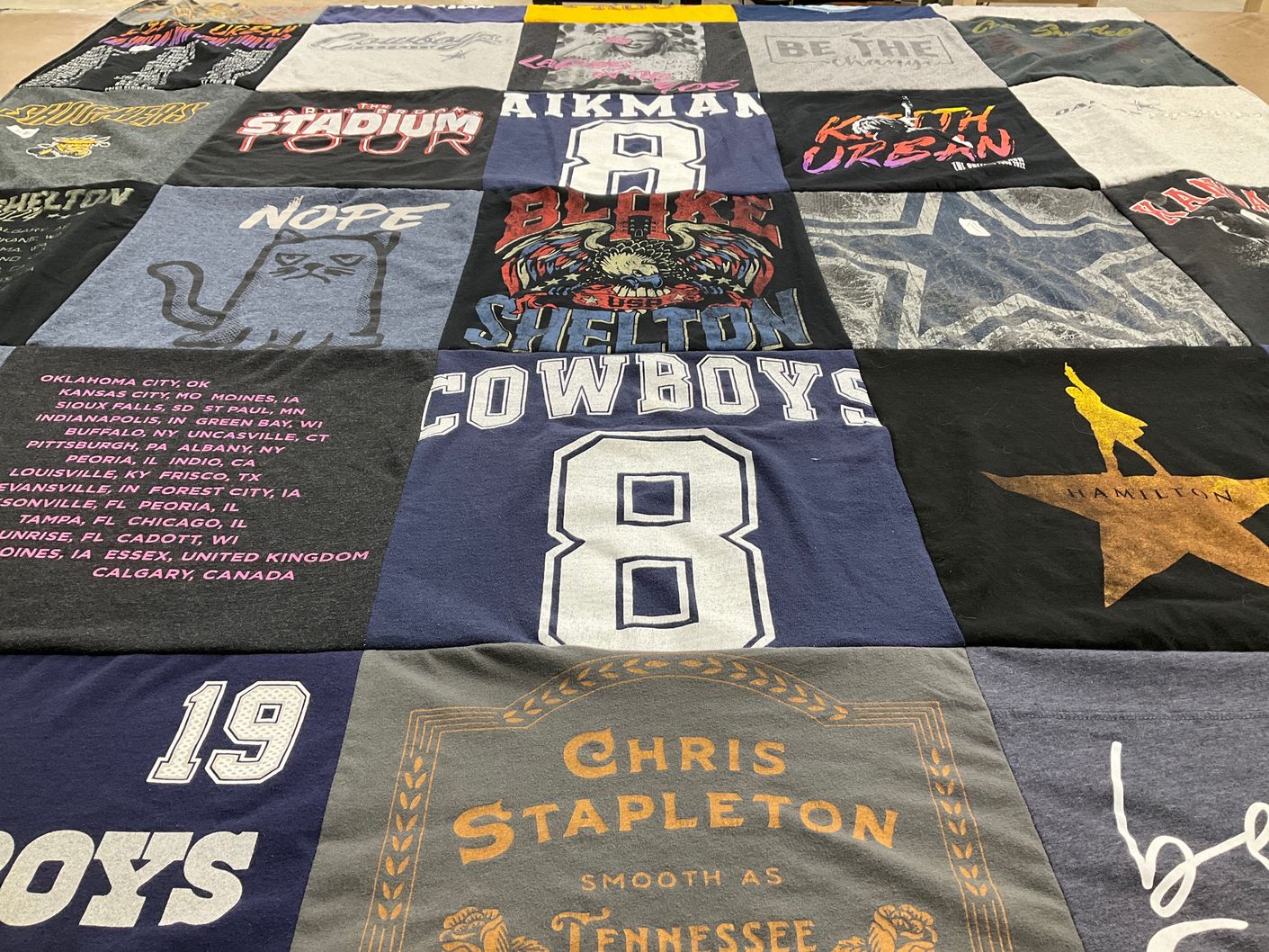 T-shirt quilt with music, theater themes by Shayla from KS