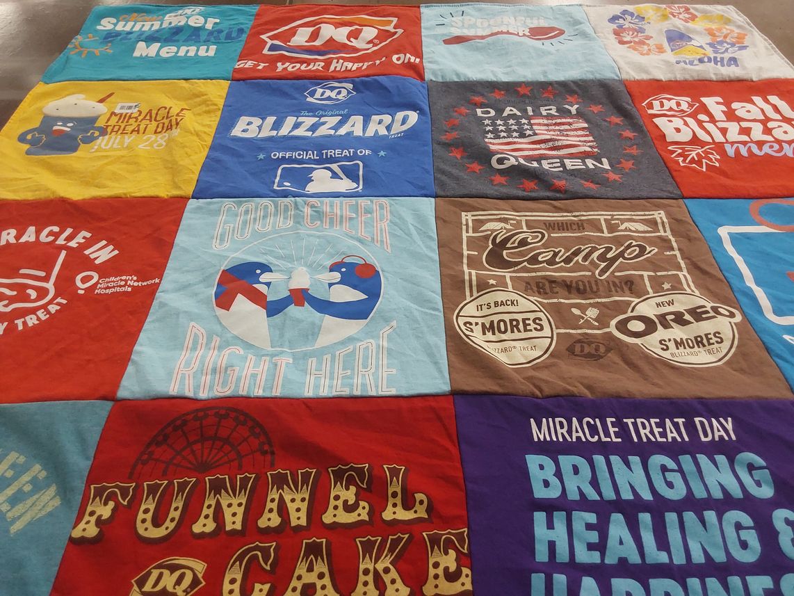 T-shirt quilt with dining, desserts themes by Denise from IL