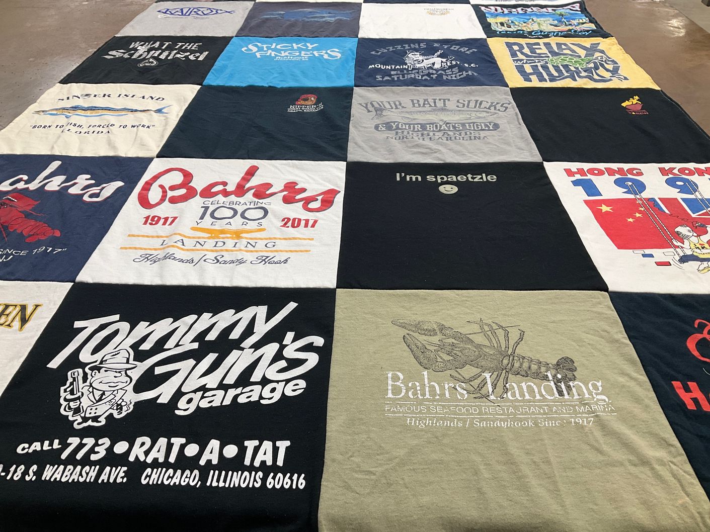 T-shirt quilt with fishing, restaurants themes by Nicholas from FL
