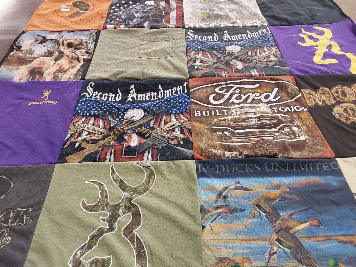 T-shirt quilt with hunting, outdoors themes by Paula from LA