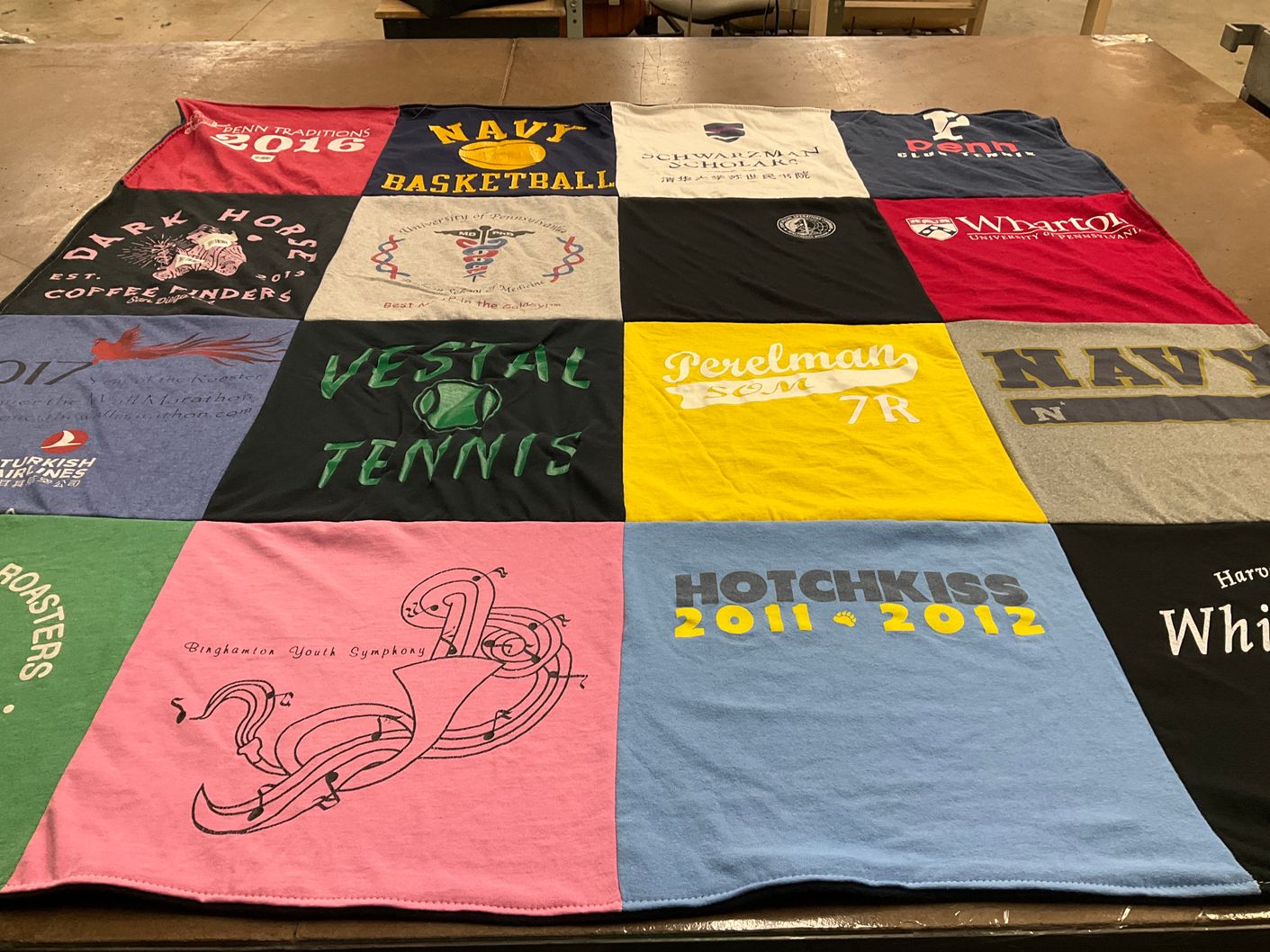 T-shirt quilt featuring navy basketball, vestal tennis by Angela from PA