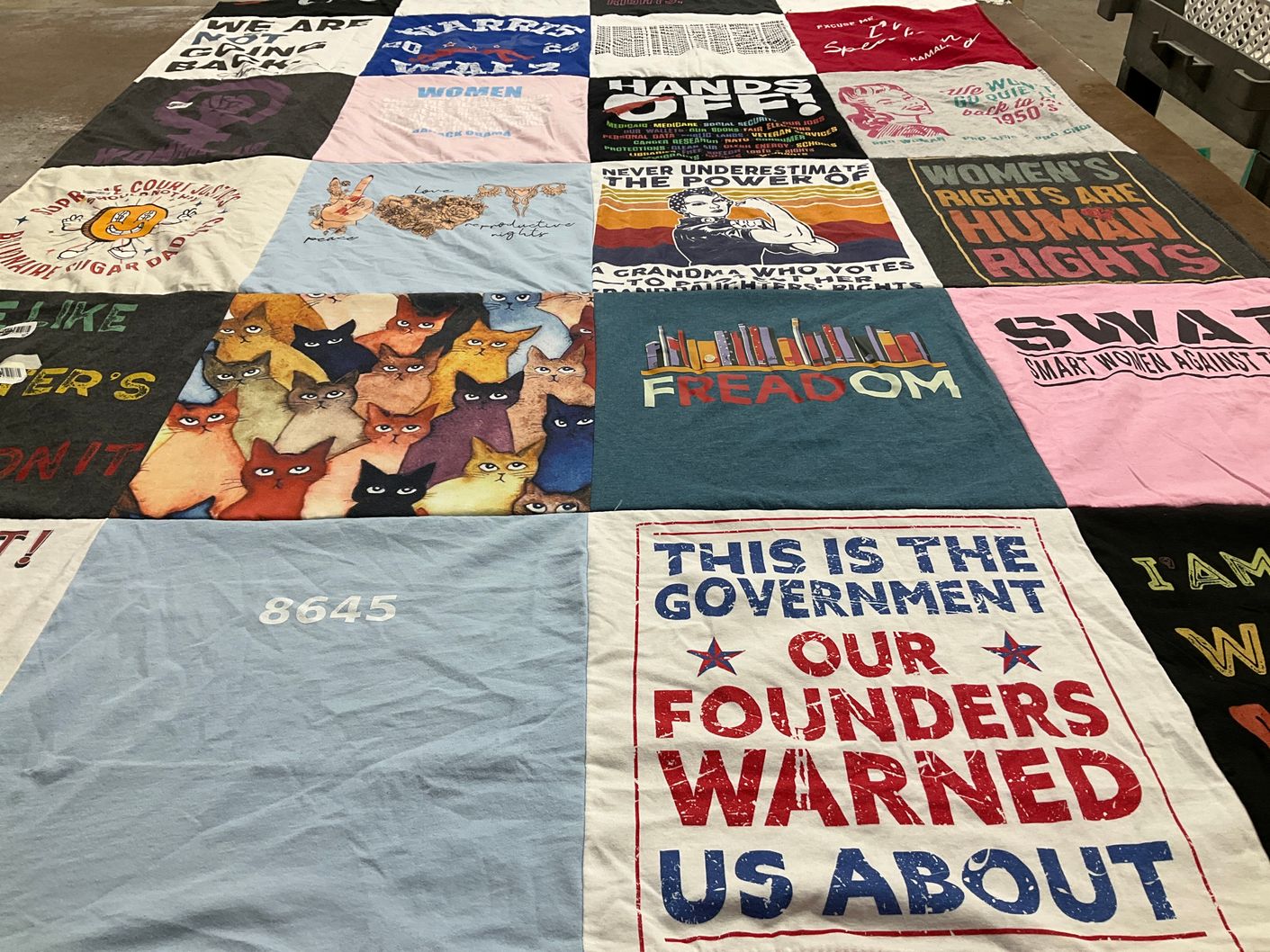 T-shirt quilt with politics, activism themes by Nancy from MN