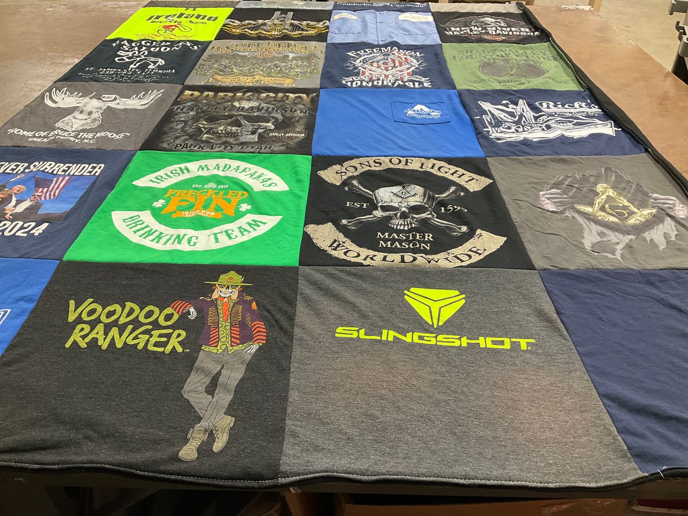T-shirt quilt with motorcycles, beer themes by Ricky from NC