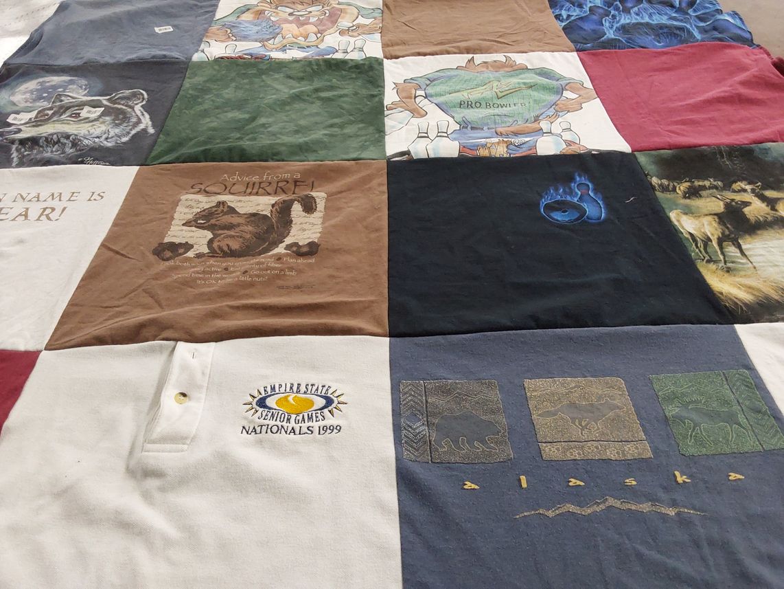 T-shirt quilt with bowling, wildlife themes by Liz from NY