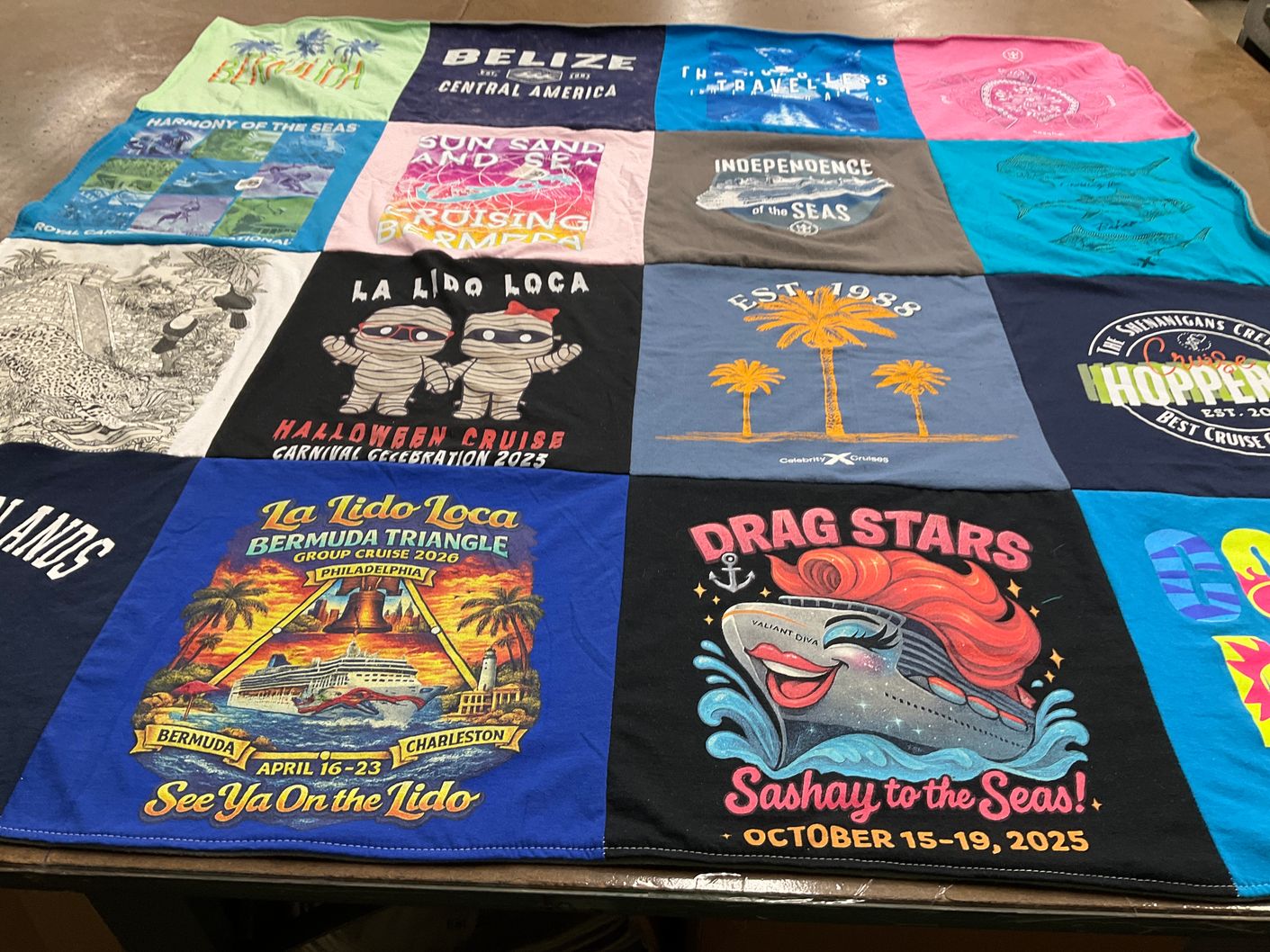 T-shirt quilt with cruising, travel themes by Lisa from FL