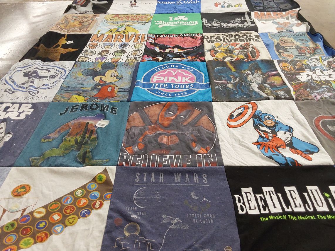 T-shirt quilt with comic books, movies themes by Jamie from IL