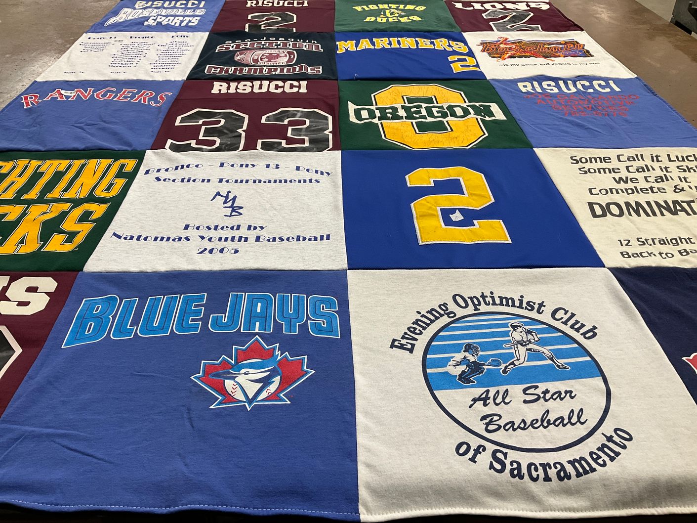 T-shirt quilt featuring blue jays, rangers by Olivia from CA