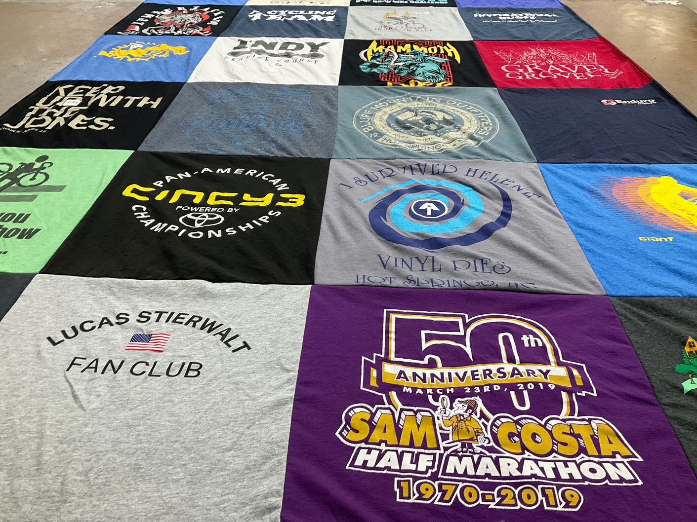 T-shirt quilt with cycling, sports themes by Kimberly from IN