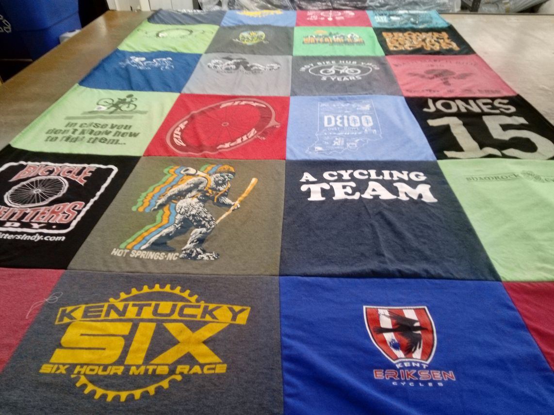 T-shirt quilt with cycling, mountain biking themes by Kimberly from IN