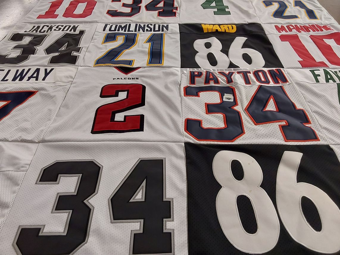 T-shirt quilt with football, sports themes by Justine from NJ