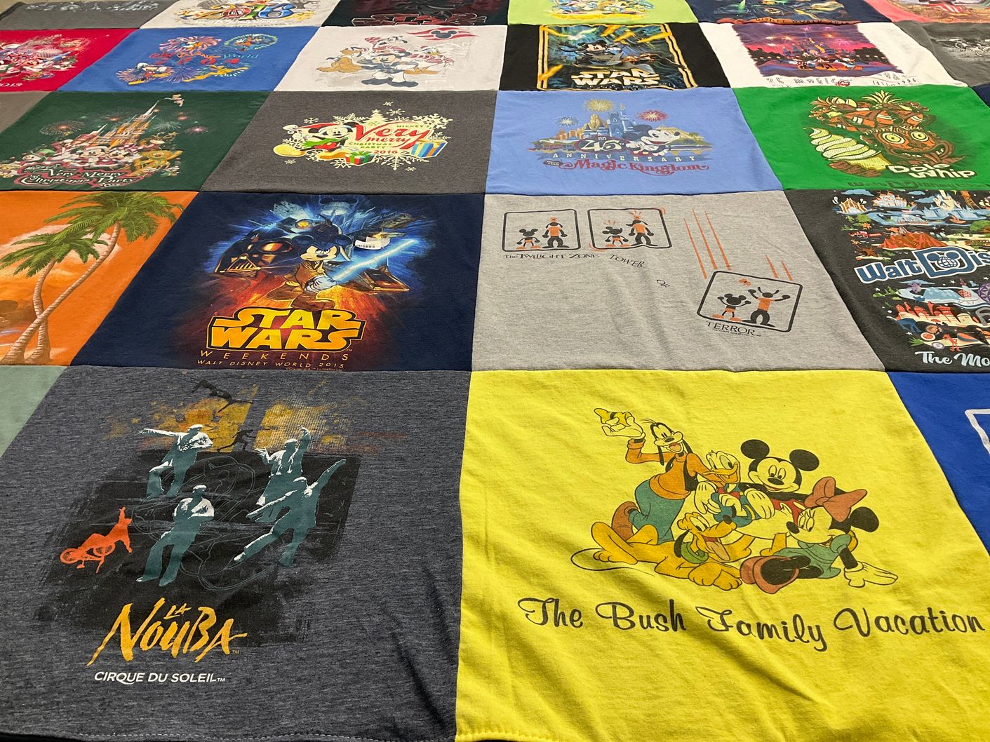 T-shirt quilt with disney, star wars themes by Kris from MN