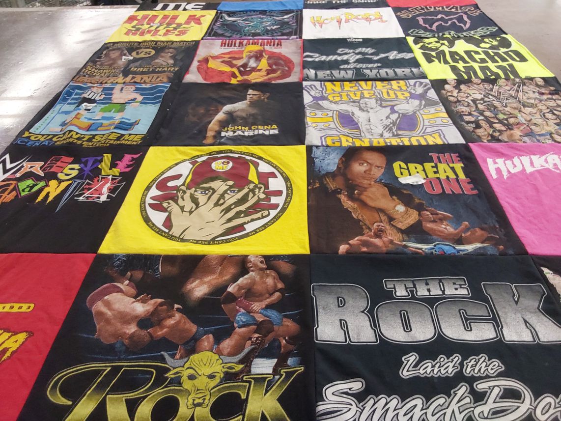 T-shirt quilt with wrestling, entertainment themes by Laura from NY