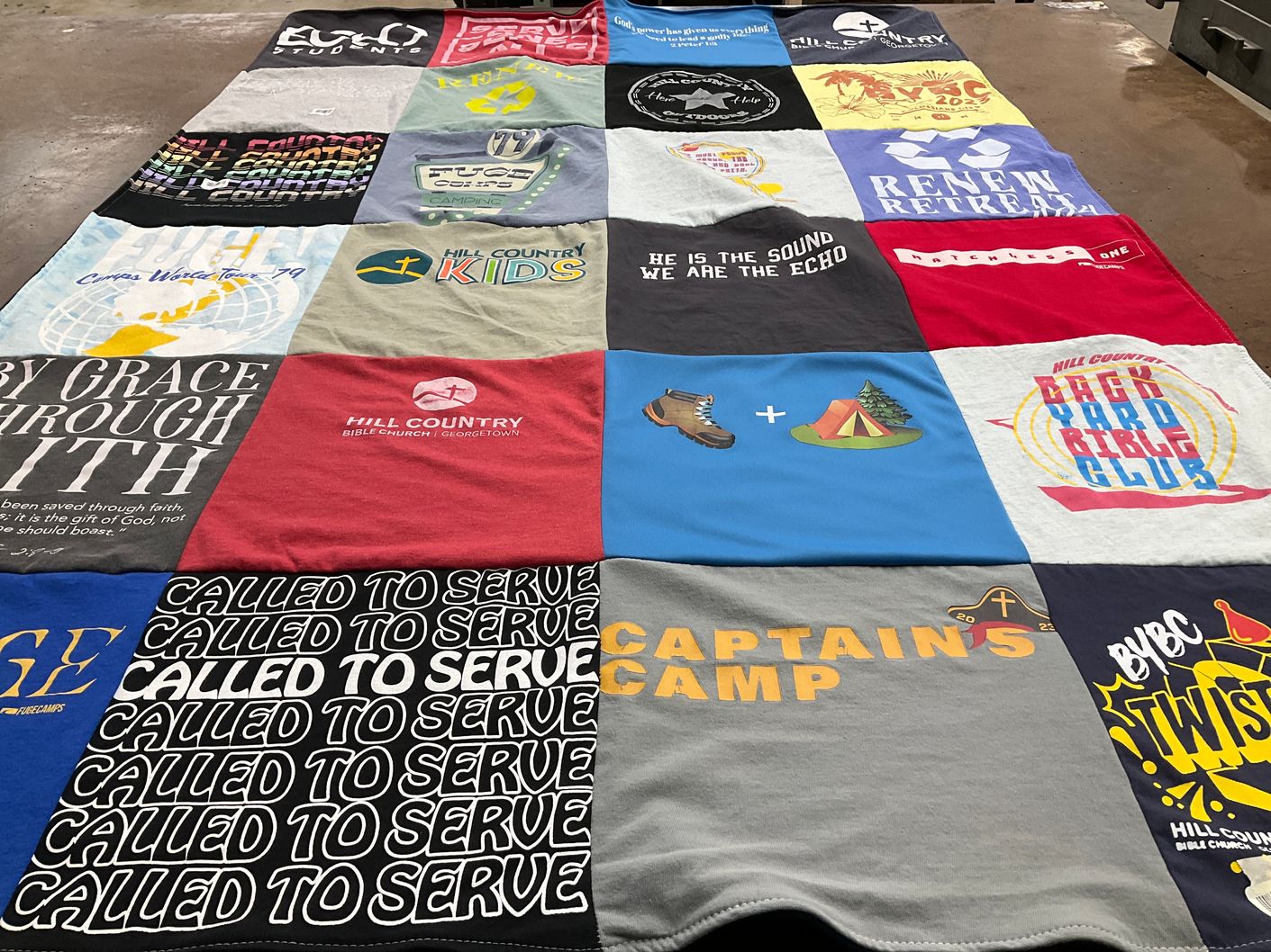 T-shirt quilt with camping, youth ministry themes by Ashley from TX