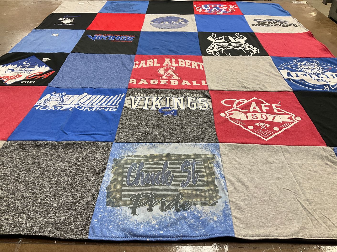T-shirt quilt featuring carl albert state college vikings by Maddie from OK