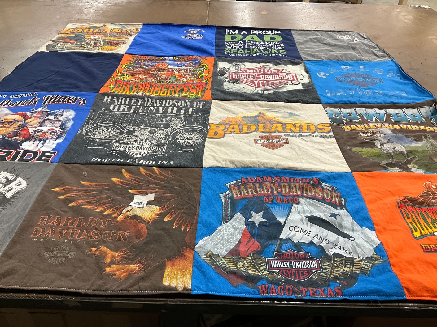 T-shirt quilt with motorcycles, biking themes by David from TX
