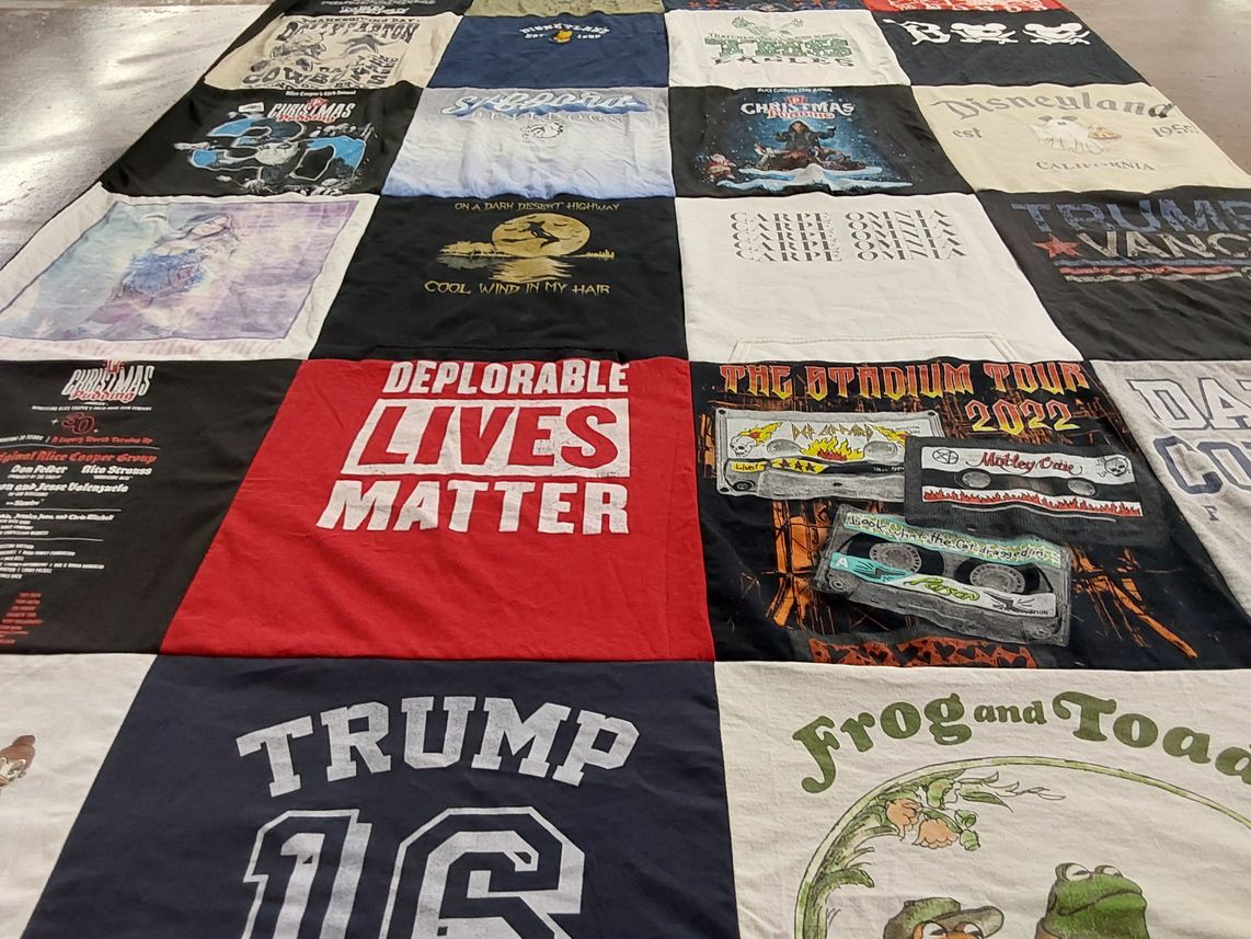 T-shirt quilt with politics, music themes by Vonda from AZ