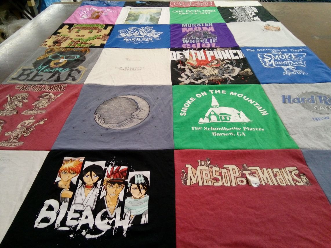 T-shirt quilt with anime, theater themes by Erin from KY
