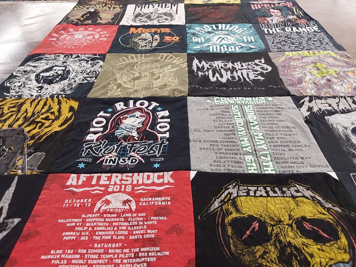 T-shirt quilt with music, concerts themes by Samantha from NY