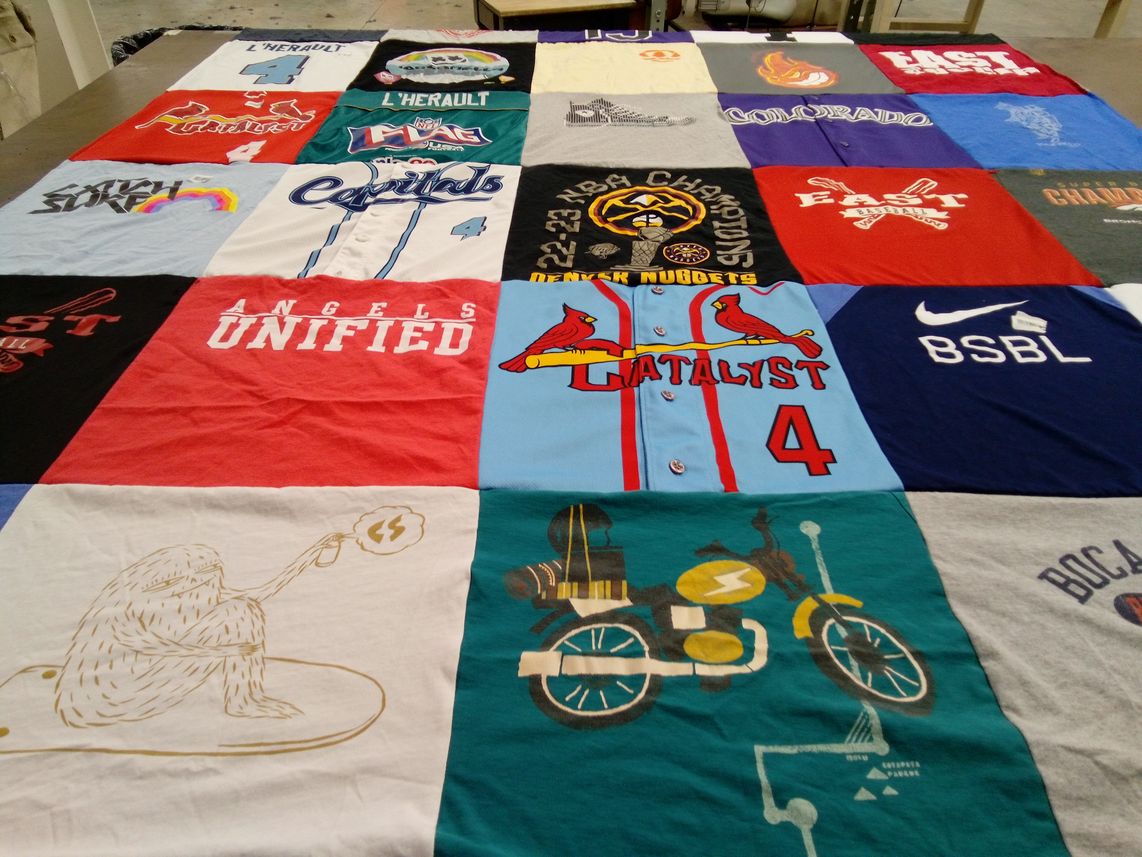 T-shirt quilt with sports, basketball themes by Laura from CO