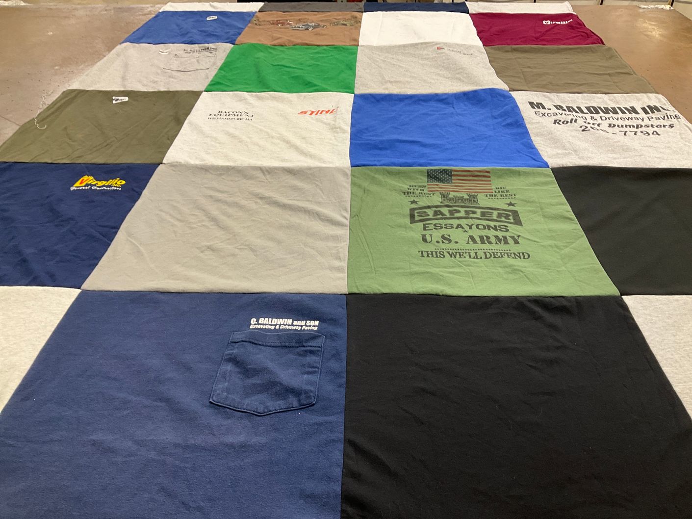 T-shirt quilt with military, construction themes by Jessica from MA