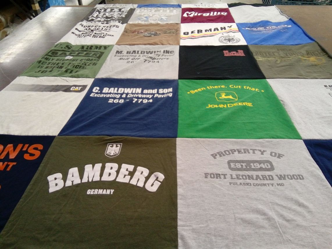 T-shirt quilt with military, construction themes by Jessica from MA
