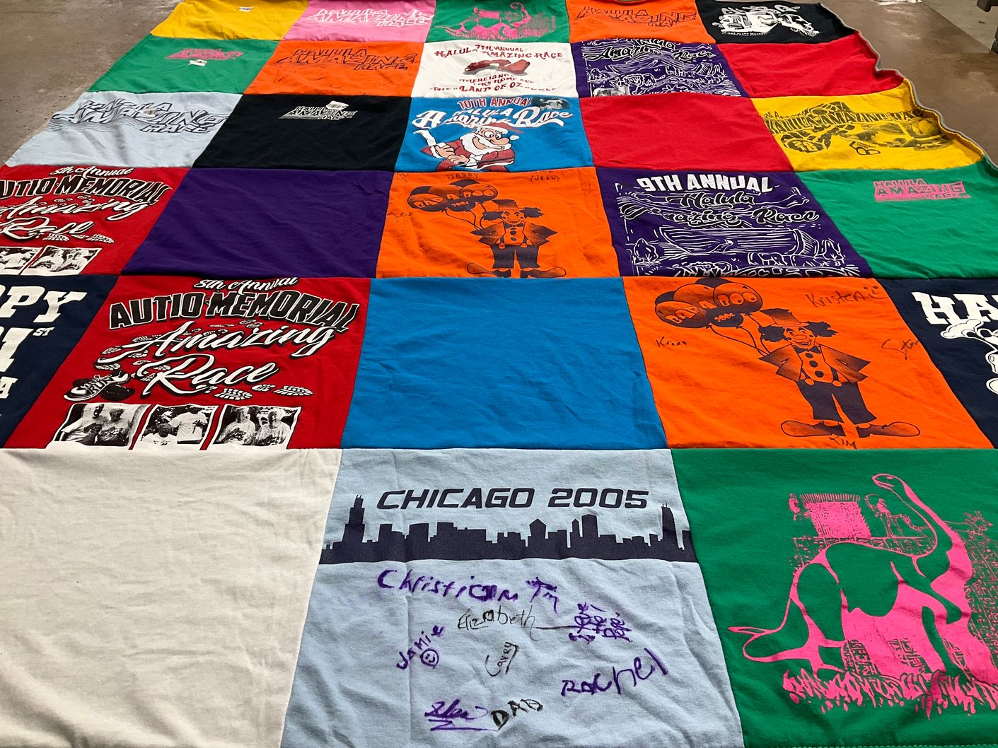 T-shirt quilt with automotive events, clown performances themes by Kerry from OH