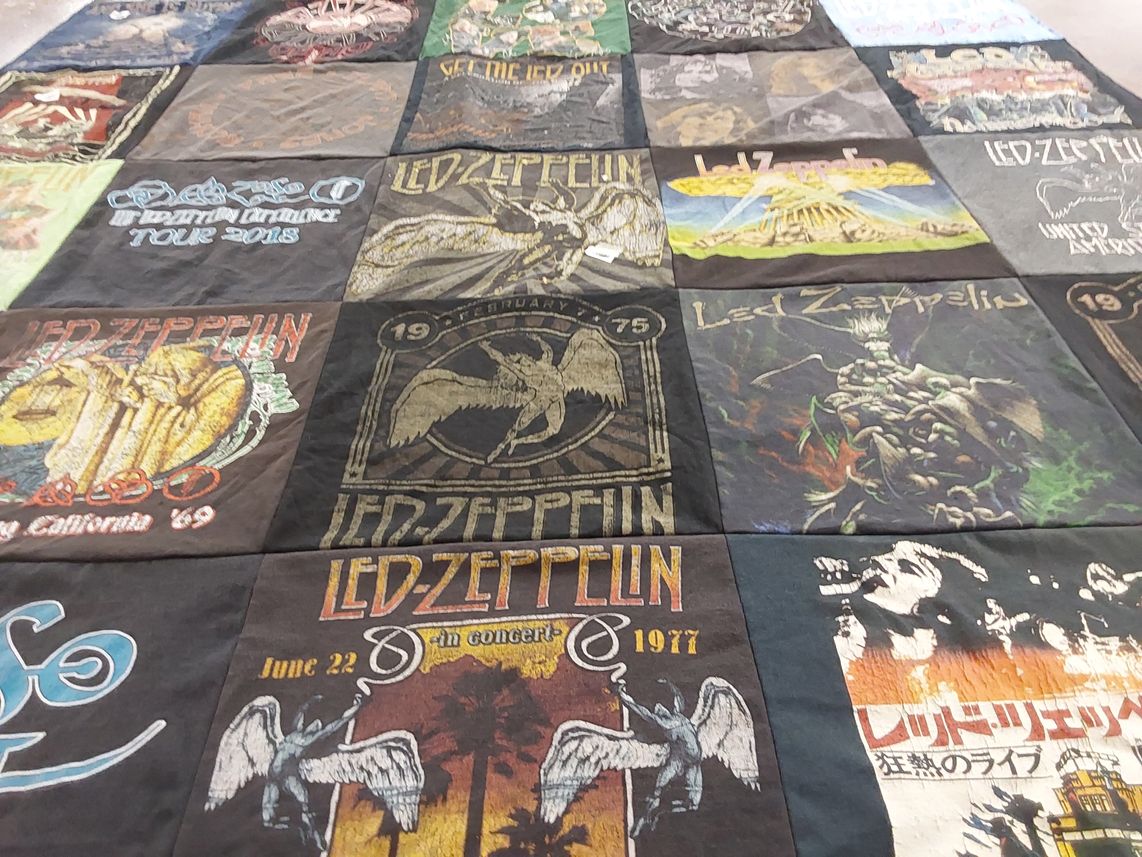 T-shirt quilt with music, classic rock themes by Paula from OH
