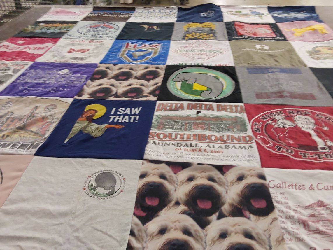 T-shirt quilt with cooking, pets themes by Jessica from CO