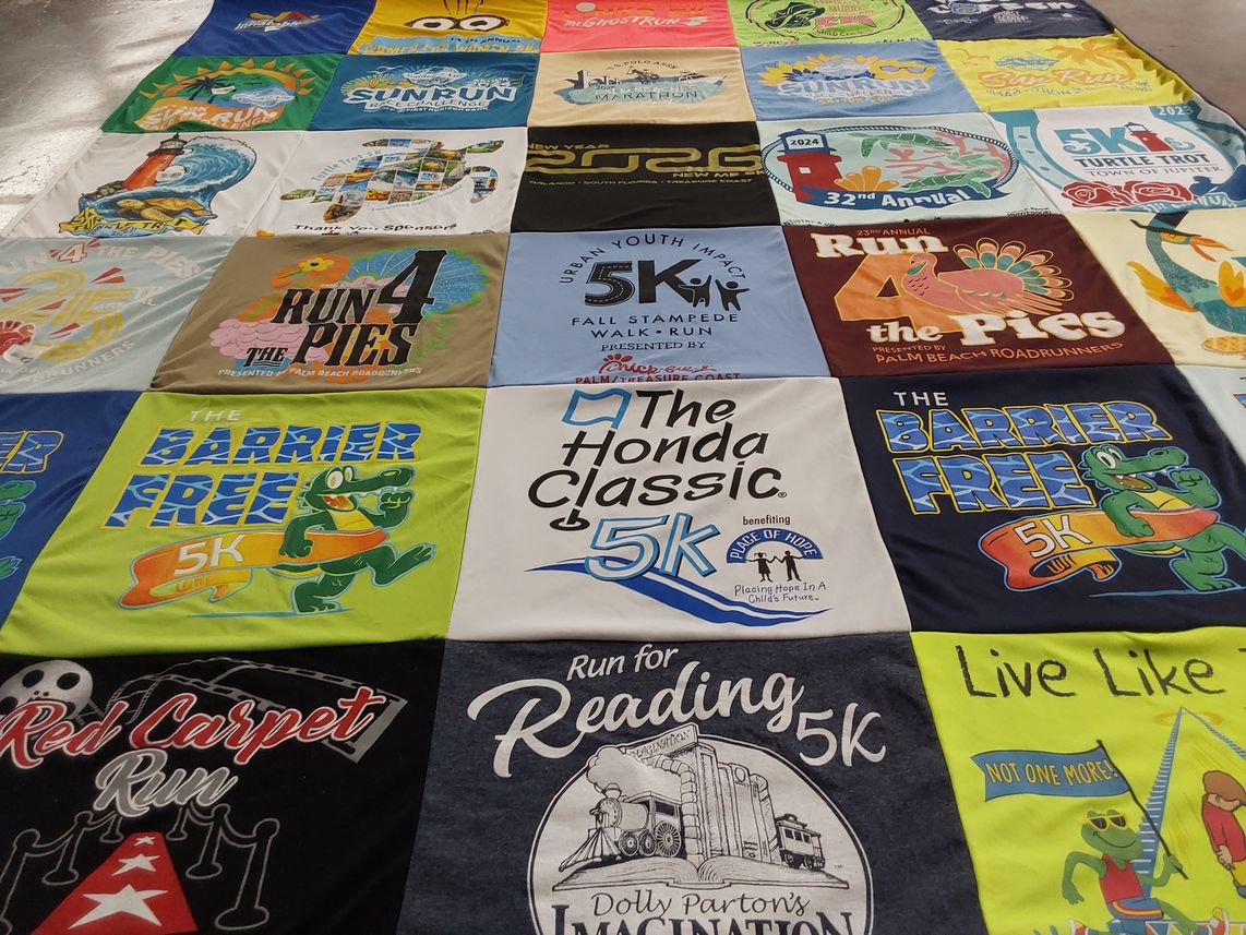 T-shirt quilt with running, charity themes by Dawn from FL